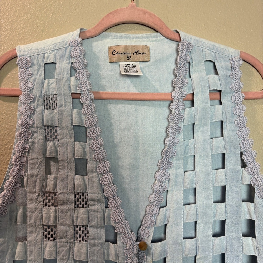 Vintage 90s Christina Hope Light Wash Denim Woven Cutout Vest Small Bohemian - Picture 2 of 11